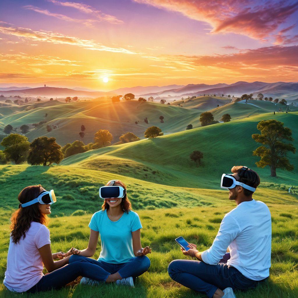 A serene landscape featuring a vibrant sunrise over rolling hills, symbolizing joy and new beginnings. In the foreground, a diverse group of people engaging with various forms of advanced technology, such as VR headsets and interactive devices, embodying the fusion of tech and happiness. Gentle rays of light highlighting their smiles and expressions of delight. Soft pastel colors with a warm, inviting atmosphere. super-realistic. vibrant colors.