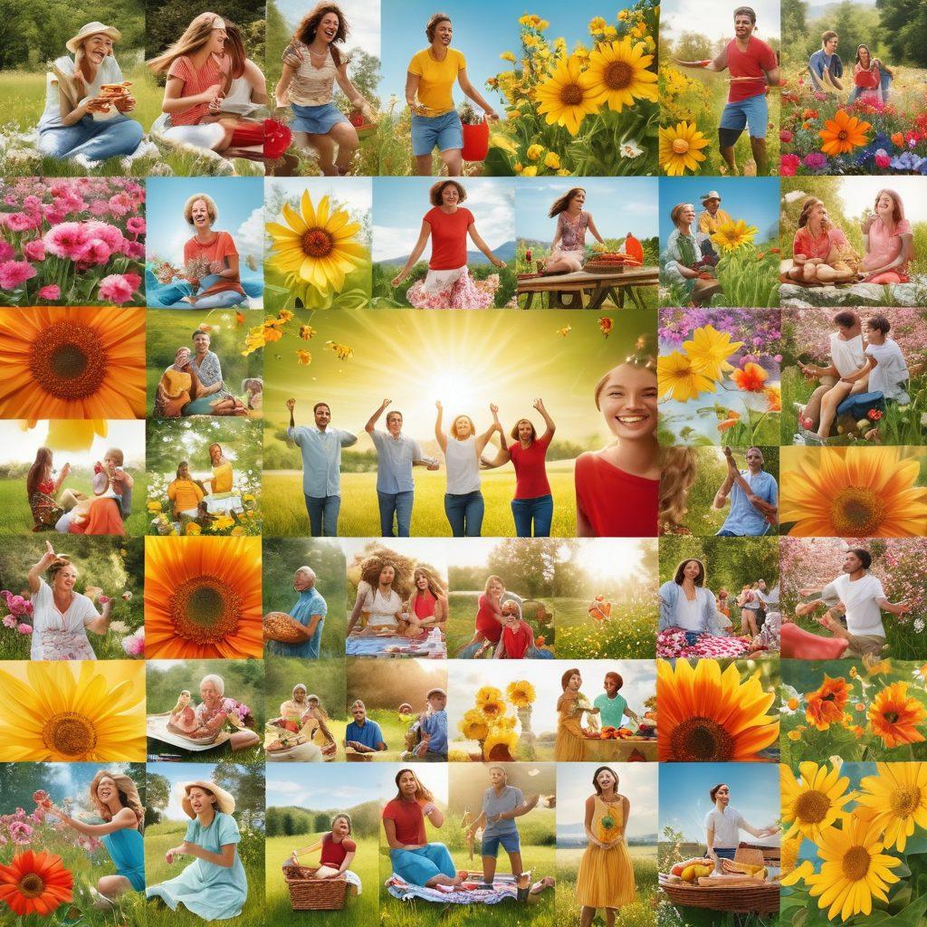 A vibrant collage depicting a diverse group of people celebrating joyful moments, surrounded by symbols of satisfaction like blooming flowers, sunny skies, and serene landscapes. Include elements of nature and community, such as laughter, picnic scenes, and playful activities. The imagery should evoke a sense of warmth, happiness, and fulfillment. Use bright, cheerful colors and a soft, inviting style. super-realistic. vibrant colors. 3D.