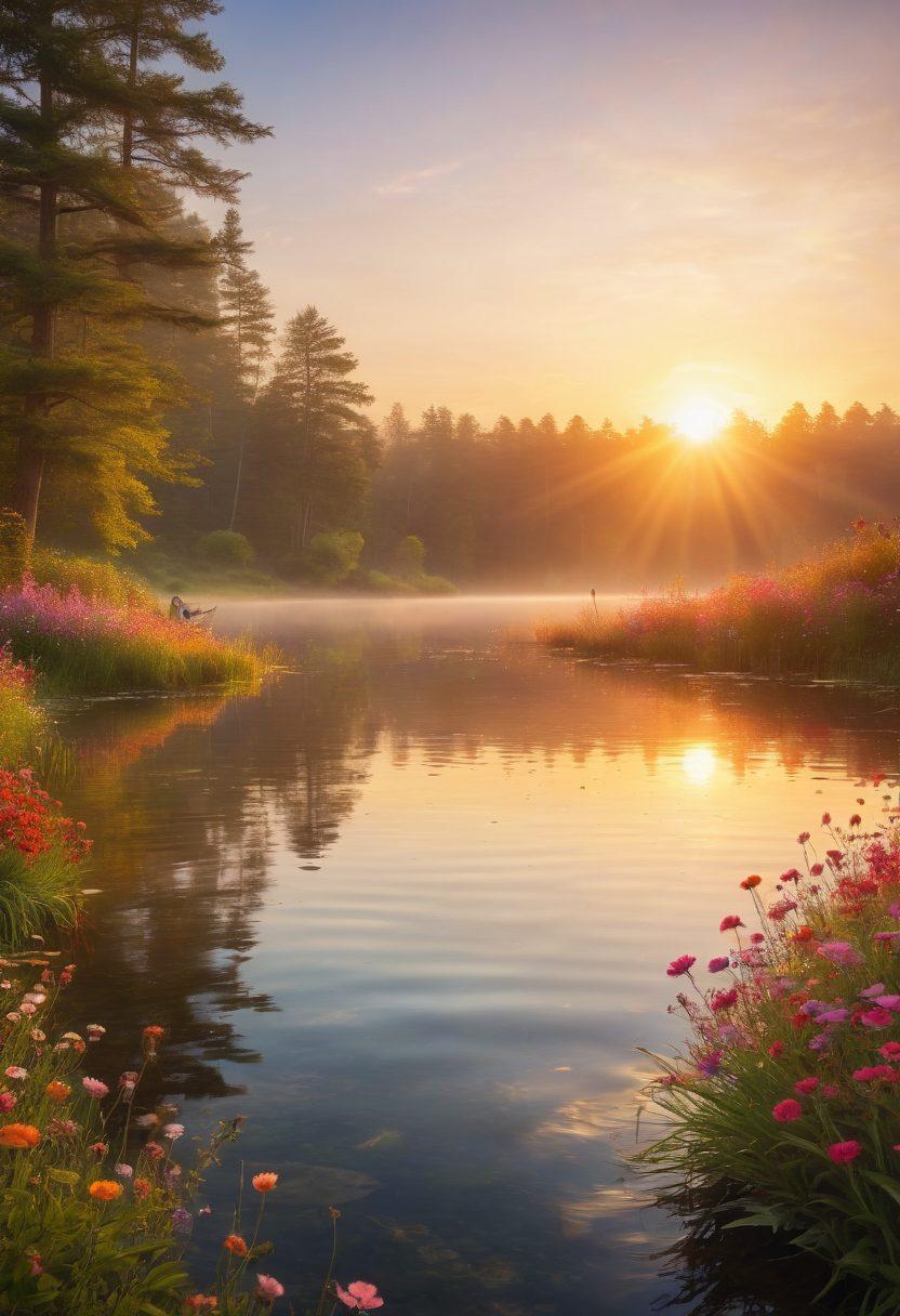 A serene landscape depicting a sunrise over a peaceful lake, symbolizing new beginnings and happiness. In the foreground, a diverse group of people of varying ages and backgrounds are joyfully engaging in mindfulness practices, such as yoga and meditation. Bright wildflowers surround them, adding pops of color and vibrancy, while soft light reflects off the water, creating a warm atmosphere. Include hints of abstract symbols representing happiness, like smiles and hearts, subtly in the background. super-realistic. vibrant colors. peaceful ambiance.